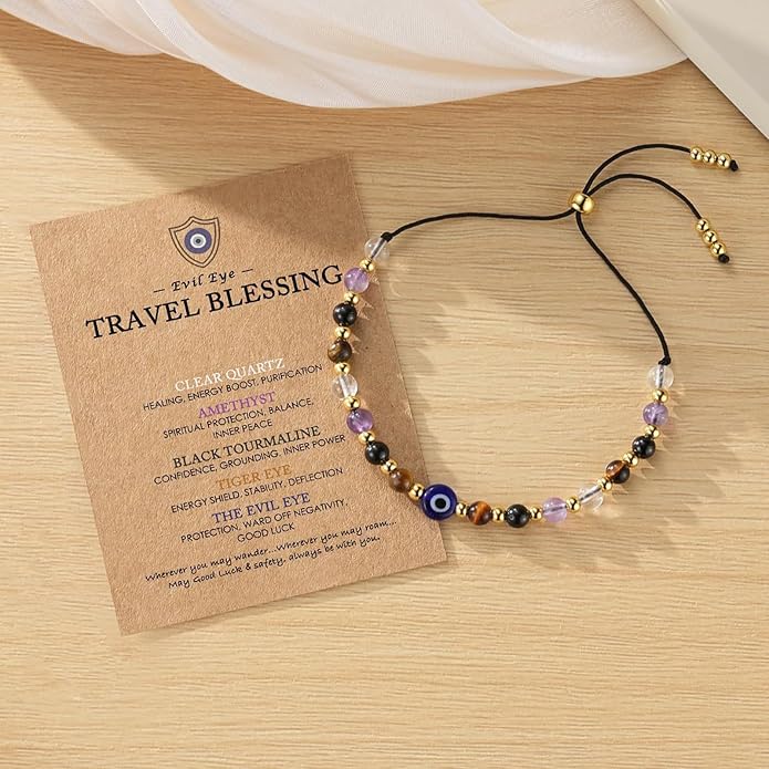Evil Eye Bracelet for Women Tiger Eye Amethyst Energy Protection Bracelet Natural Crystal Beaded Healing Bracelet Spiritual Guardian Jewelry Gift