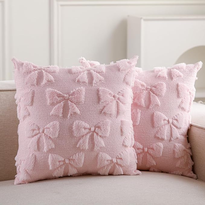Mixweer Pink Bow Pillow Covers Set of 2 Preppy Room Decor Coquette Cute Spring Summer Decorative Faux Fur Soft Bowknot Stuff Fluffy Plush Aesthetic Pillowcase for Bed Sofa Couch (16 x 16 Inch)