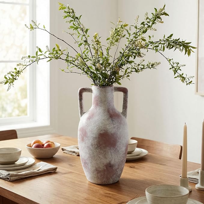 Ceramic Flower Vase with Handles, 12.8 inch Tall Farmhouse Vase Rustic Vases Decorative Pottery Vases Large Floor Vase for Home Decor Living Room Bookshelf Table Centerpiece Fireplace, Terracotta