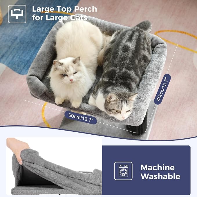 Cat Tree Tower for Large Cats Cat Scratching Post with Bed 20X16” | Small Cat Tree with Thick Scratching Post 4.5” Dia, Large Raised Bed 20X16”, Self Groomer, Toy Ball for Indoor& Large Cats