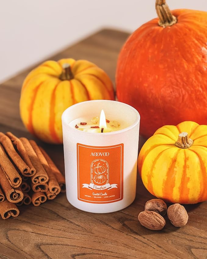 AOOVOO Fall Candles Set for Women - Aromatherapy Candle with Crystals Inside, 28 oz 200 Hour Long Lasting, 4 Pack Candles for Home Scented, Autumn Fragrance of Apple Pie/Cinnamon/Pumpkin/Nutmeg Beans