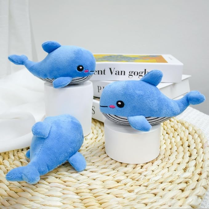 Dog Hide and Seek Toys Puppy Chew Squeaky Toys Plush Mushroom&Bamboo&Shell Hideout Stuffing with Squeakers Animals (3Pcs Squeaky Whale Blue)