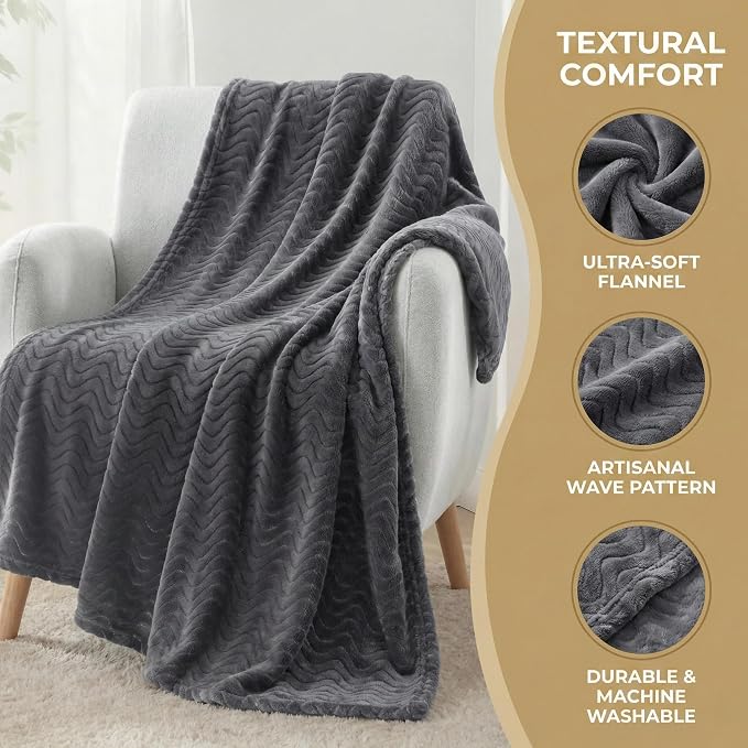 Exclusivo Mezcla Soft Fleece Blanket Queen Size for Bed, Sofa, Dark Grey | 90"x90" Breathable Lightweight Flannel Blanket for Summer, Plush Cozy Jacquard Wave for Home Decor