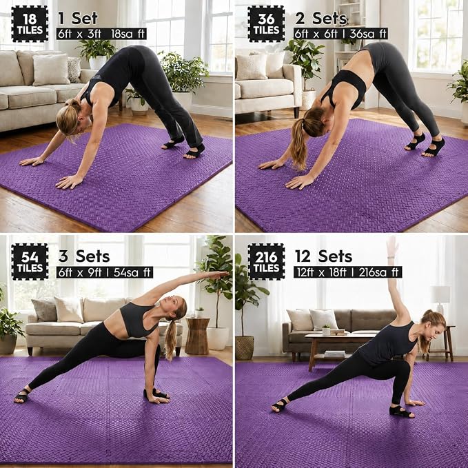 18pcs Puzzle Exercise Mat, 12.6"x12.6"x0.4", 18sqft EVA Interlocking Foam Floor Tiles, Protective, Water-Resistant Flooring for Home Gym & Workout Equipment
