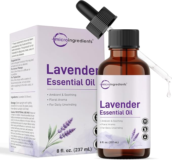 Micro Ingredients Lavender Essential Oil, 8 fl oz | Easy-Use Dropper Bottle | DIY Natural Aromatherapy, Soap, Lotion, Diffuser, Candles, Body & Scalp Massages | Soothing Floral Aroma | Cruelty Free