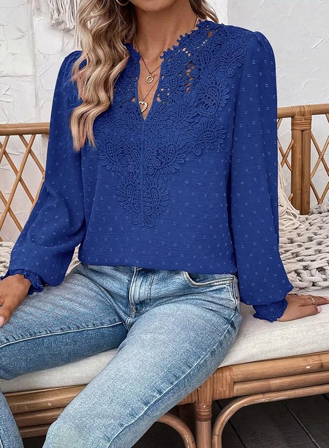 Womens Tops Swiss Dot Boho Long Sleeve Shirts V Neck Casual Chiffon Blouses Flowy Lace Hem Cute Clothing Trendy 2026