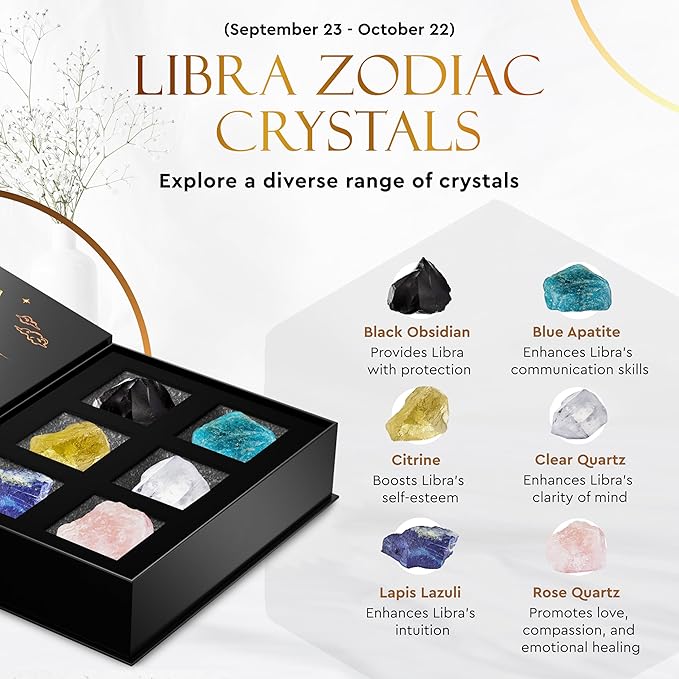 Wyspell Libra Crystal Set - 6 Raw Libra Crystals and Healing Stones - Zodiac Gifts for Women - Libra Birthday Gifts for Women - Astrology Gifts for Women - Zodiac Crystal Set - Healing Gifts