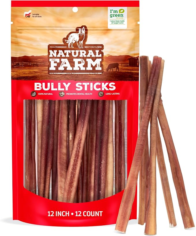 Natural Farm Odor-Free Bully Sticks (12 Inch, 12 Pack), 1.2 lbs. Per Bag, 100% Beef Pizzle Chews, Grass-Fed, Non-GMO, Fully Digestible Long Lasting Best Dental Treats to Keep Your Dogs Busy