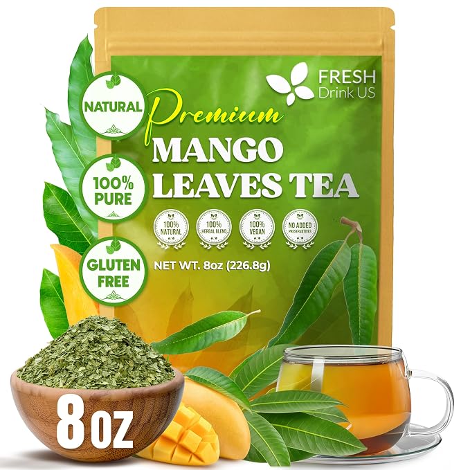 FreshDrinkUS, 8 oz Premium Dried Mango Leaves (Mangifera indica) – Cut & Sifted Loose Leaf for Herbal Tea – Natural Botanical Leaves for Hot & Iced Infusions – Non-GMO, No Additives, Resealable Pouch