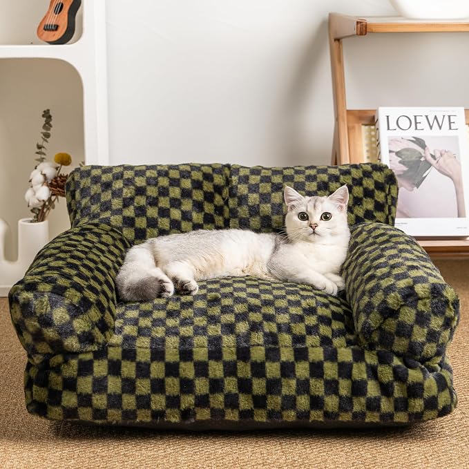 Faux Fur Cat & Dog Sofa Cat Couch Mini Cat Bed Indoor Human Style Pet Sofa, Modern Pet Furniture for Cats, Washable ＆ Removable Cover, for Cats and Small Medium Dogs (Black/Green, Large(30X21 inch))