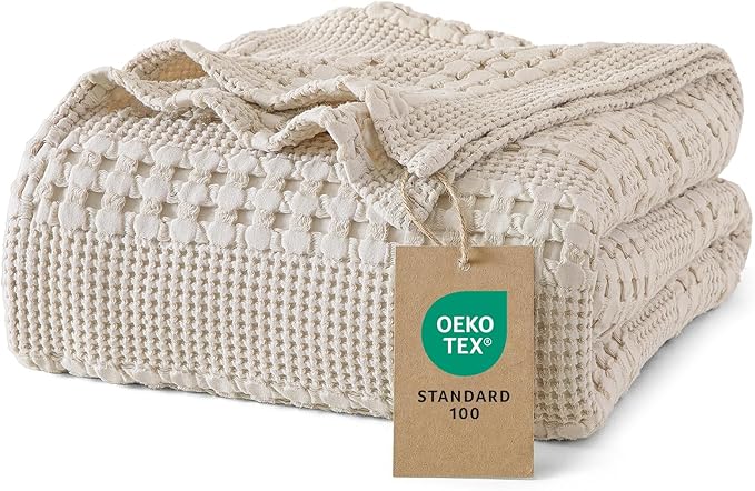 PHF 100% Cotton Waffle Weave Blanket Queen Size, Lightweight Breathable Summer Blanket for Hot Sleepers, Pre-Washed Soft Layer for Bed, Couch, Aesthetic Home Decor & Gift, 90"x90", Light Taupe/Oatmeal