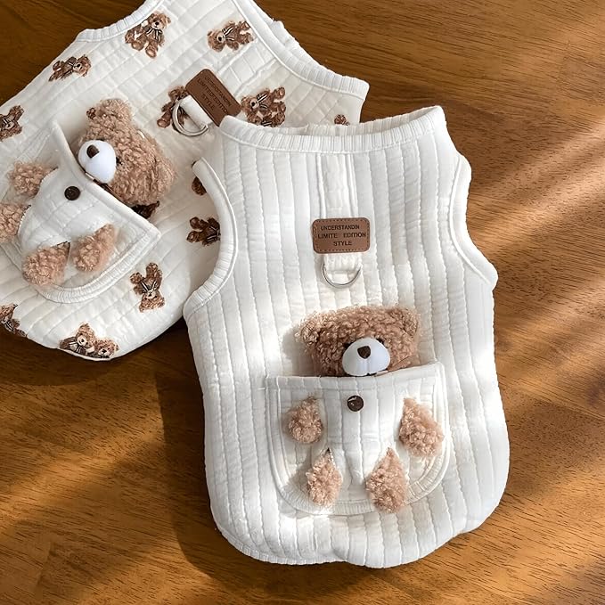 Cute Pet Apparel Plush Bear Pattern Cartoon Dog Clothes All Season Sleeveless Puppy Kitten Pullover Soft Skin-Friendly (White1, L (7.7-11lbs))