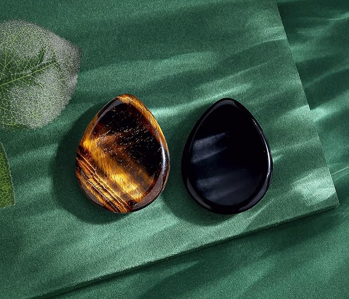 QINJIEJIE 2PCS Worry Stone for Anxiety Tiger's Eye Obsidian Healing Crystals Sets Hand Carved Thumb Stones Pocket Gemstones Meditation Crystal Reiki Relax Palm Stone Anxiety Relief Items
