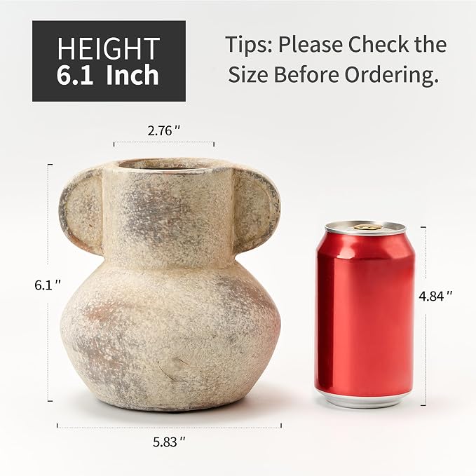 Emotionally Grounded Vase, Vaseking Ceramic Rustic Vase with 2 Handles, 6.1 inch Minimalist Decorative Farmhouse Vases for Home Decor, Living Room, Enterway, Table Decoration, Fired Terra Clay