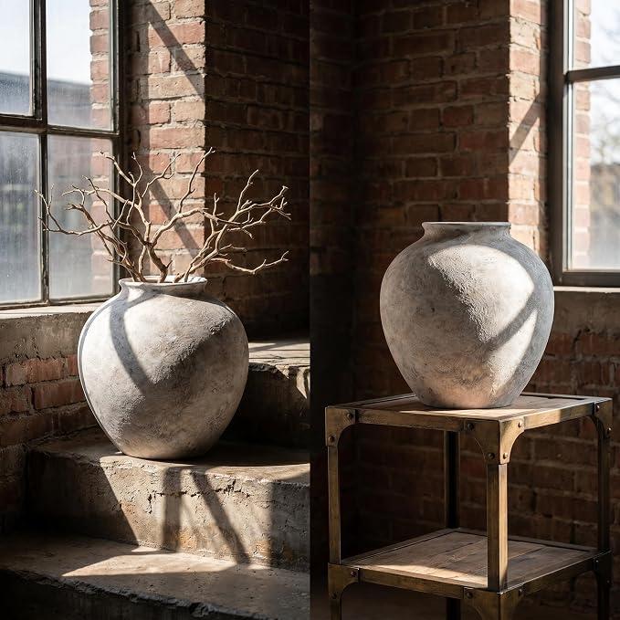 Lvases Aged Stone Rustic Ceramic Farmhouse Home Decor Dried Flower Vase | 8.3in large stone white limestone finish, mediterranean tuscan aged cement look, rustic table living room decorative vase