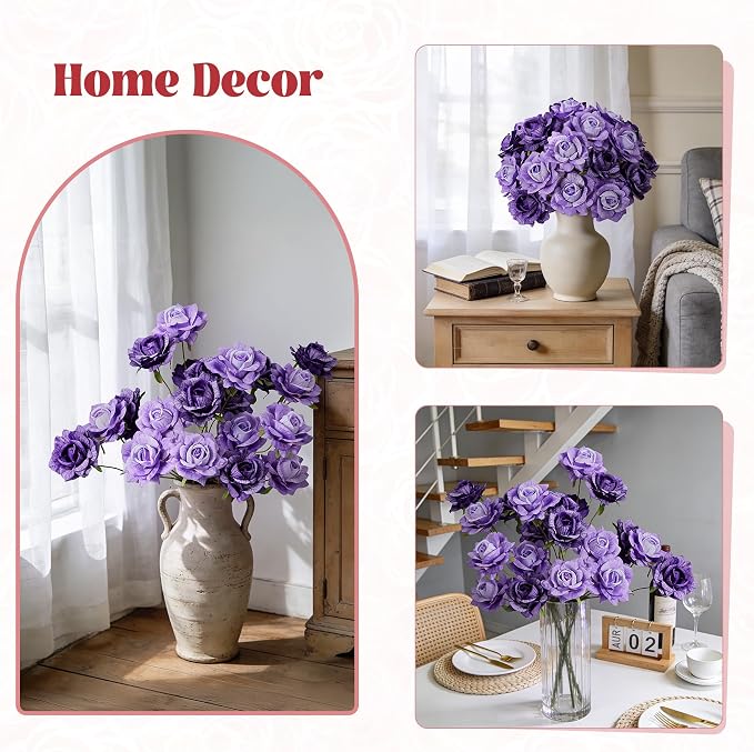 INXUGAO 6 Pcs Artificial Flowers Fake Roses for Outdoor, 28" Long Stem Silk Roses for Wedding Indoor Outside Party Decor, Realistic Faux Bouquet for Tall Vase Planter (Purple)