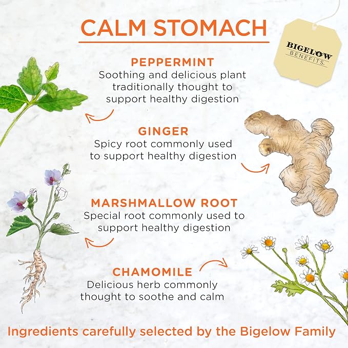 Bigelow Tea Benefits Calm Stomach Ginger Peach Herbal Tea, Caffeine Free, 18 Count (Pack of 12)