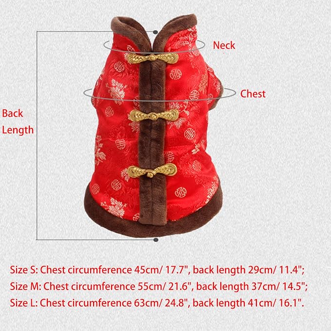 SEIS New Year Cat Knot Buttons Coat Dogs Cheongsam Winter Pet Clothes Vest Christmas Costume for Cats Teddy Bichon Small Medium Dogs (Brown, M (Chest Circumference 55cm/ 21.6"))