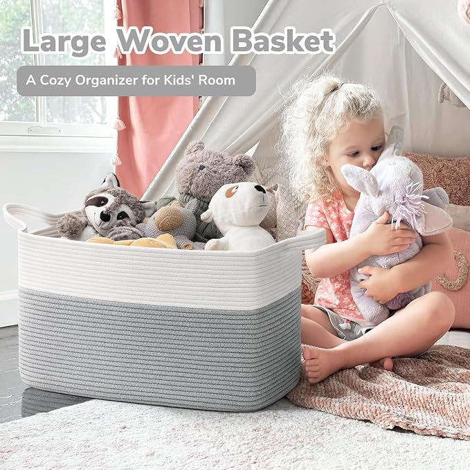 Goodpick Large Woven Rope Blanket Basket, Rectangle, White Gray | 21.6'' x 14.9'' x 11.8'' Storage Basket for Toys, Blankets & Clothes, Nursery & Bedroom Organization, Reinforced Handles