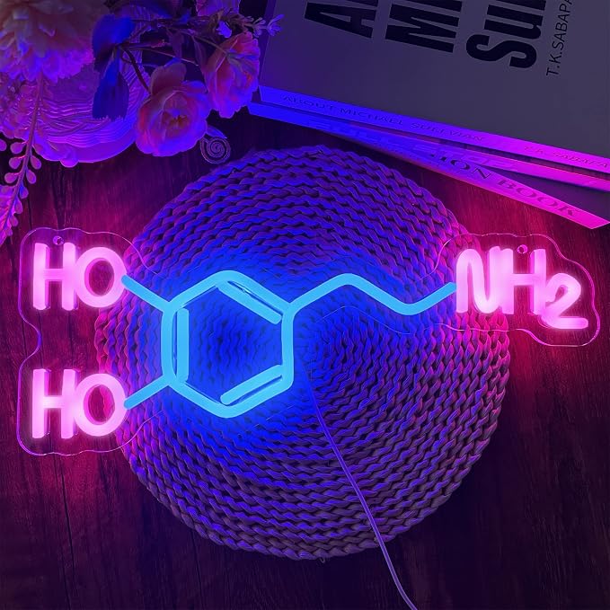 Dopamine Molecule Neon Sign Dimmable LED Light Up Wall Decor Science Chemistry Structure Art Aesthetic Happy Hormone Sign for Lab, Office, Classroom Graduation Christmas Gift(16.3 * 6.5in)