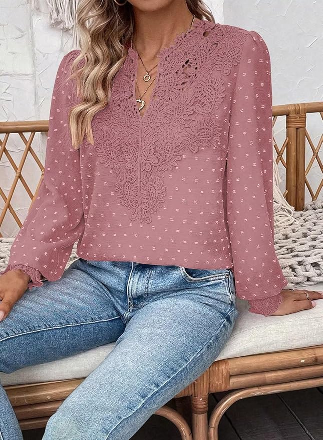 Womens Tops Swiss Dot Boho Long Sleeve Shirts V Neck Casual Chiffon Blouses Flowy Lace Hem Cute Clothing Trendy 2026