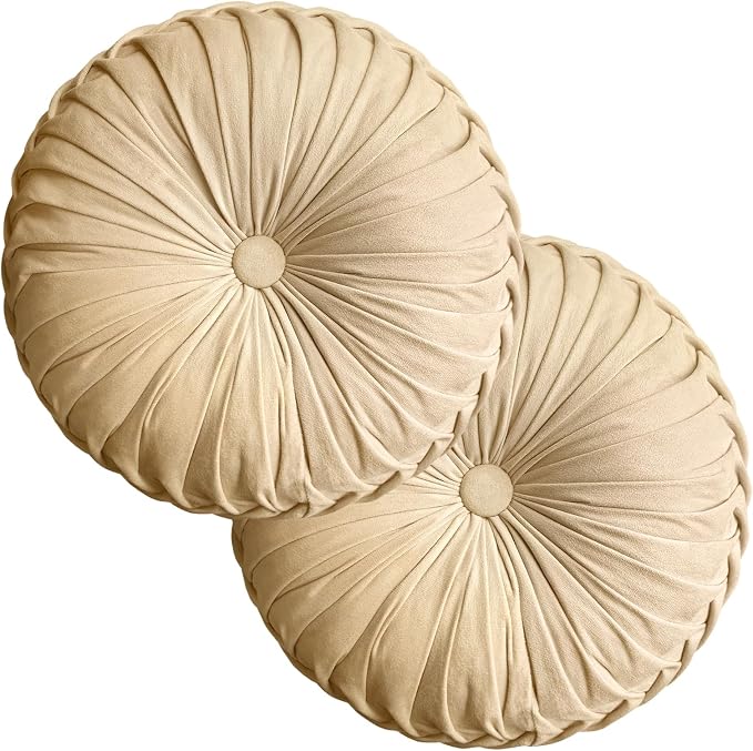 Teieas 2 Pcs Round Throw Pillows Decorative Velvet Pleated Bed Pillows | Boho floor pillows,back support for couch,chair,dorm,car,sofa,home decor apricot 14.96''