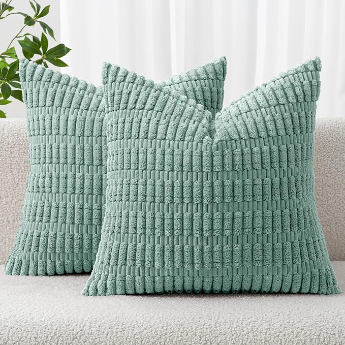 MIULEE Corduroy Decorative Throw Pillow Covers 16x16 Teal Green Pack of 2 | Soft Boho Striped Pillow Covers Modern Farmhouse Home Decor For Sofa Living Room Couch Bed