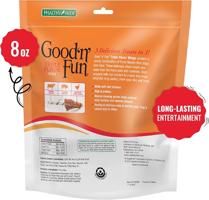 Good 'n' Fun Wings Long-Lasting Dog Treat Made With Real Protein, 8 oz | Premium Chicken, Pork and Beef Hide Chew, Supports Dental Health and Mental Stimulation, For Adult Dogs