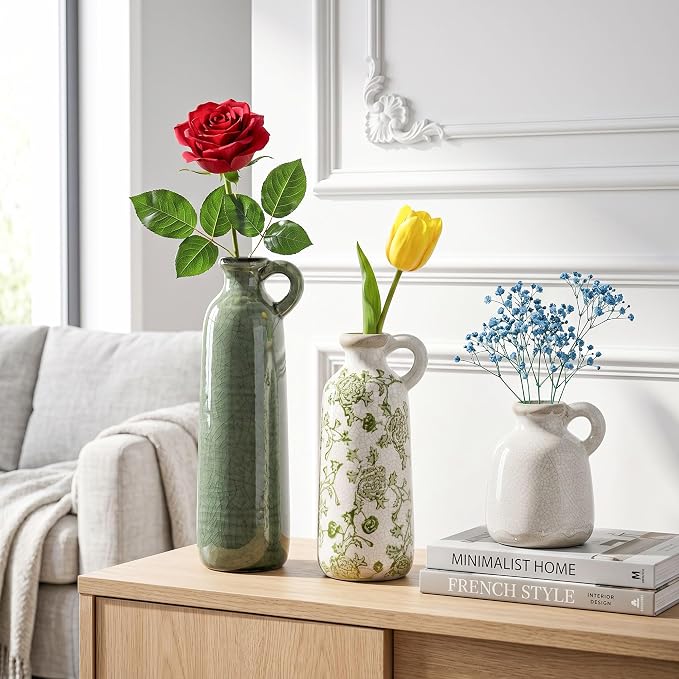 Ceramic Vase Set, 3Pcs Flower Vases for Modern Boho Farmhouse Decor, Decorative Vases for Pampas Grass & Dried Flowers, Distressed Finish