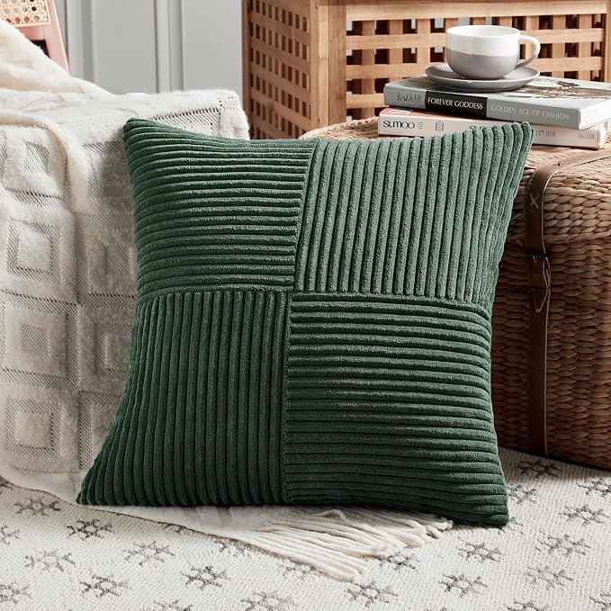 Fancy Homi Dark Green Decorative Throw Pillow Covers 26x26 Inch for Bedroom Couch Bed, Boho Farmhouse Forest Green Home Decor, Soft Corss Corduroy Patchwork Textured Cushion Case