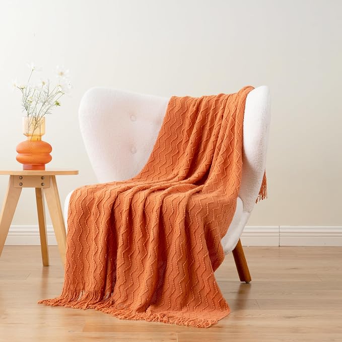 BATTILO HOME Burnt Orange Throw Blanket for Couch, Decorative Fall Throw Blanket with Tassels Halloween Throw Fall Decor, 50"x60"