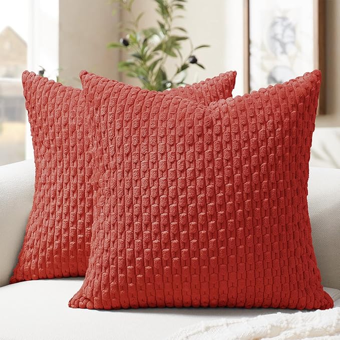 Softalker Corduroy Decorative Throw Pillow Covers 18x18, Set of 2, Red | Soft Boho Striped Pillow Cases, Couch Fluffy Cushion Covers for Farmhouse Home Decor Bed Living Room