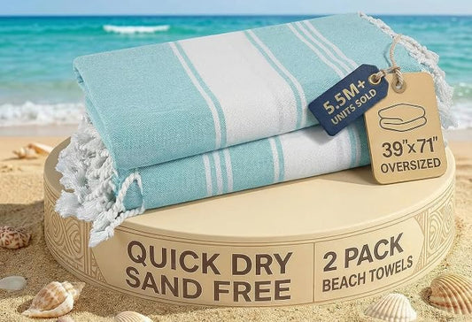 LANE LINEN Beach Towel 2 Pack, Oversized Beach Towel 39"x71", Lightweight Beach Essentials for Women, Large Pool Towel, Absorbent & Quick Dry, Sand Free Beach Towel - Aqua