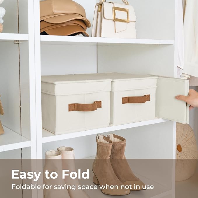 StorageWorks Storage Bins with Lids, Decorative Storage Boxes with Lid and PU Handles, Foldable Storage Baskets for Closet, Shelves, Stackable, Ivory, Medium, 3-Pack | Lidded Dust-proof, Easy Pull Handles, Foldable, Stackable, Ideal for Clothes Blanket...