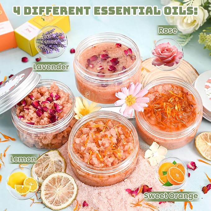 JUYRLE Body Scrub Making Kit- DIY Pink Salt Body Scrub Kit with Almond Oil, Essential Oils, Moisturizing and Exfoliating Dry Skin Hand Foot DIY Organic SPA Kit Christmas Gifts For Women & Men