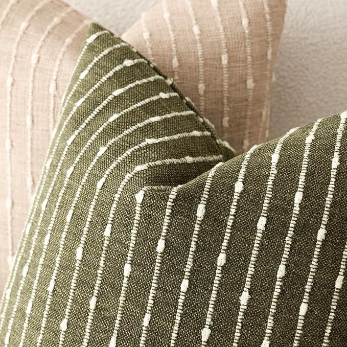 Foindtower Pack of 2 Decorative Jacquard Boucle Throw Pillow Covers Accent Textured Striped Pillowcases Cozy Modern Cushion for Couch Sofa Bedroom Living Room Home Decor 18x18 Inch Olive Green
