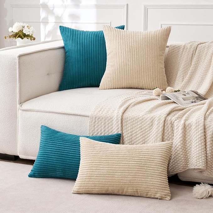 MIULEE Decorative Corduroy Throw Pillow Covers Set of 2 18x18 Teal | Soft Striped Textured Cushion Cases, Boho Coastal Square Pillowcases for Home Decor, for Couch Chair Sofa Bed Living Room