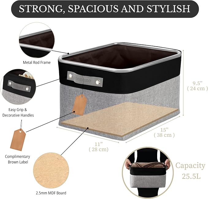 DECOMOMO Storage Bins, Large Fabric Storage Baskets for Shelves 4 Pack | 15 x 11 x 9.5 inches Decorative Linen Closet Organizers (Grey & Black)
