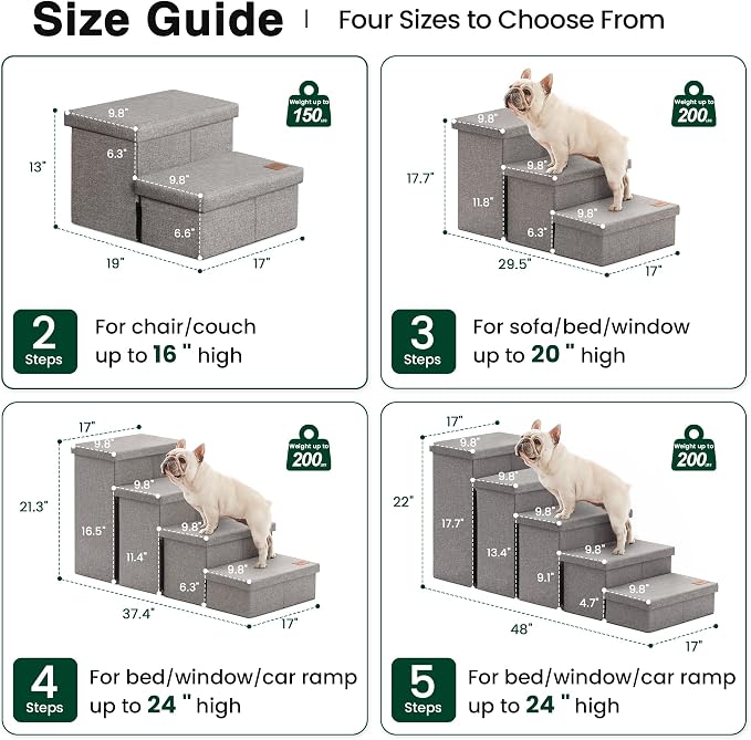 Love's cabin Dog Stairs for High Bed, Foldable Pet Stairs for Small Medium or Large Dogs Puppy with Storage for Bed or Couch, Cat Dog Steps Ramp with Zip up to 200 lbs, Solid Grey, 3 Steps