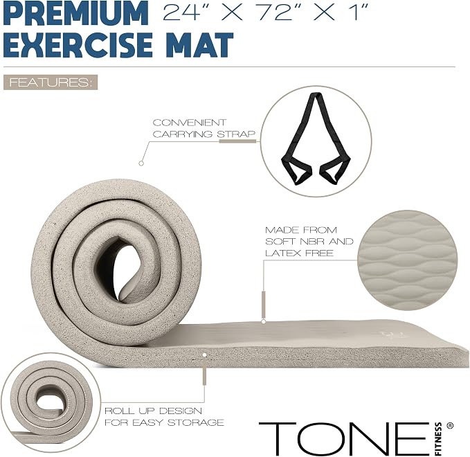 Tone Fitness 1-Inch Thick Yoga Mat | High-Density, Non-slip Exercise Mat with Carrying Strap for Yoga, Pilates, & Home Gym Workouts | Multiple Options