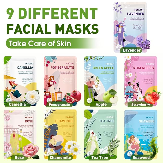 72 Pack Bulk Hydrating Face Masks Skincare, Collagen Sheet Face Mask for Dry, Oily Skin, Spa Gifts for Women Skin Care, Easter Basket Stuffers, Mothers Day Gifts, Teacher Gifts (9 Types x 8 Pcs)