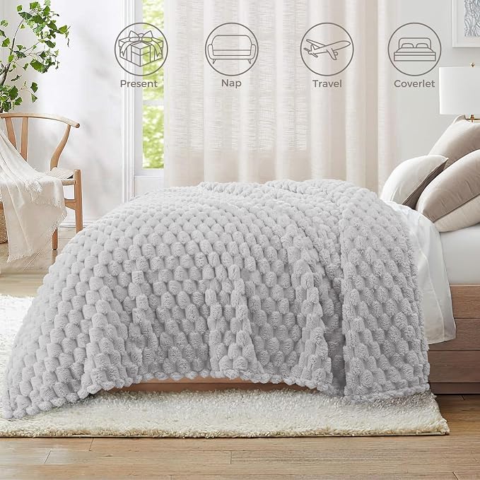 Whale Flotilla Soft Fleece Queen Size Bed Blanket 3D Jacquard, Light Grey | Lightweight Breathable Coverlet Bedspread for All Seasons, Super Cozy Plush Fluffy Fuzzy Decorative Blanket for Bed, 90"x90"