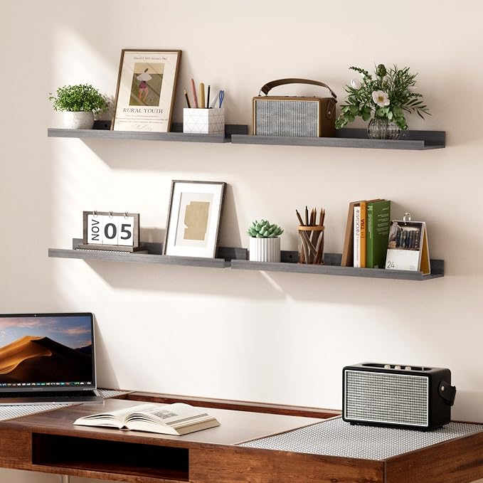 upsimples Floating Shelves for Wall Decor and Storage, Grey, 6Pcs 23.6'' | Wall Mounted Wood Shelves for Living Room, Bedroom, Bathroom, Kitchen, Office, Nursery Room, Coffee Bar Display and Organize