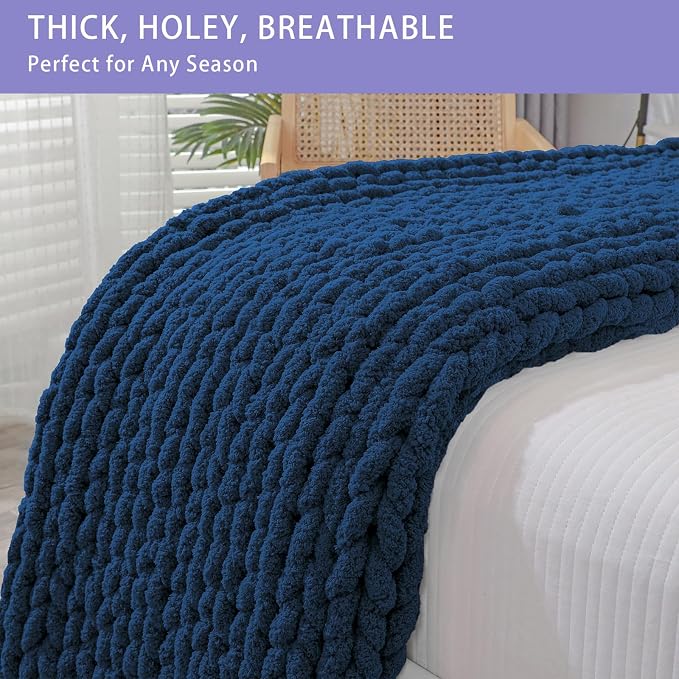 Bigacogo Chunky Knit Throw Blanket for Couch, 40x60 inches, Navy Blue | Hand Knit with Jumbo Chenille, Soft Breathable Cable Knit for Sofa Bed Living Room, Machine Washable, Gift for Mom Friend