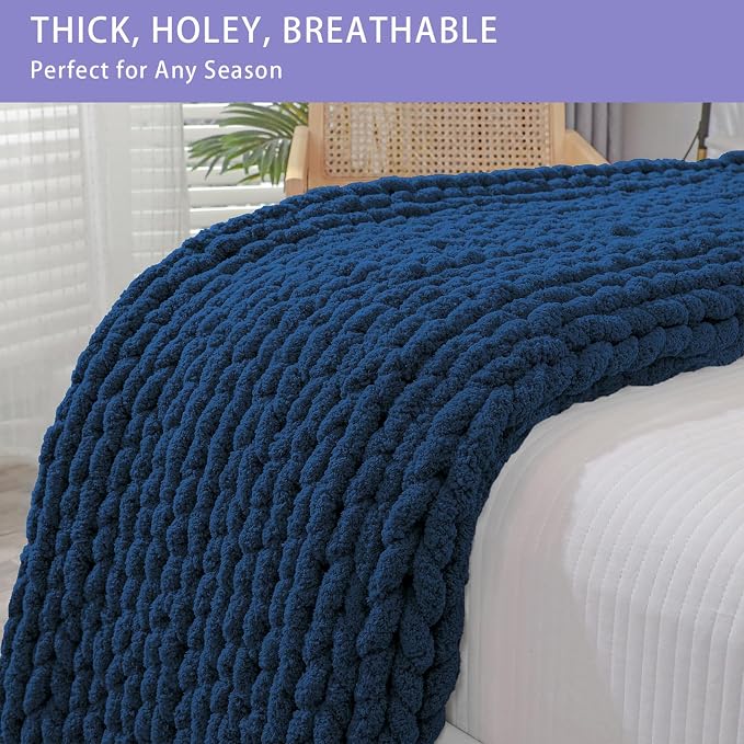 Bigacogo Chunky Knit Throw Blanket for Couch, 40x40 inches, Navy Blue | Hand Knit with Jumbo Chenille, Soft Breathable Cable Knit for Sofa Bed Living Room, Machine Washable, Gift for Mom Friend