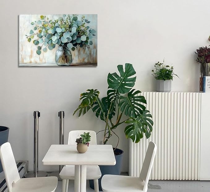Eucalyptus Flower Vase Canvas Wall Art Sage Green Canvas With Plants Wall Decor Farmhouse Vintage Green Plants Poster Print Artwork for Bathroom Living room Bedroom Home Decoration
