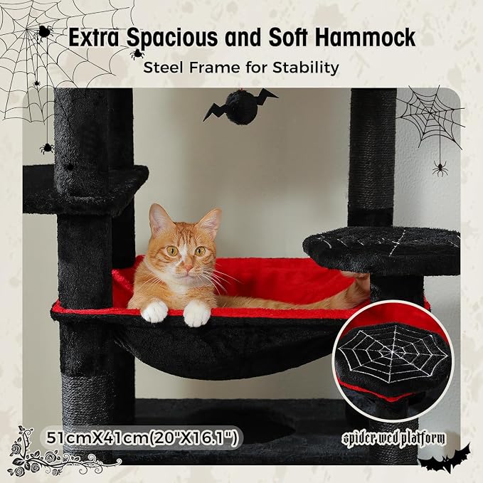 PAWZ Road Gothic Cat Tree 72" Cat Tower with Condos&Hammock for Large Cats | goth black cat tree with bat toys, 20"×16" hammock for adult cats, 7 scratch posts + pad, dual condos&perches for multi-cats