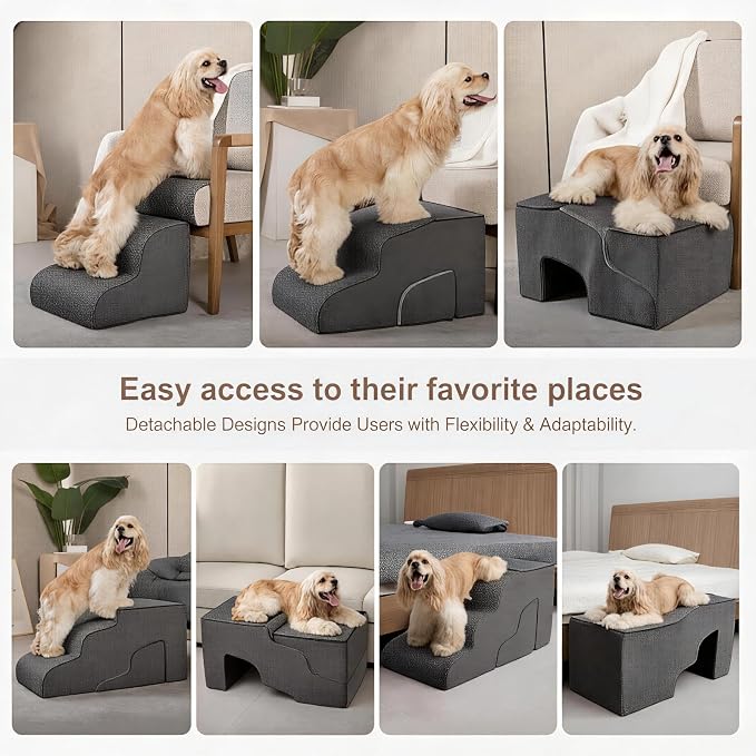 Garnpet Dog Stairs for Bed with Tunnel, 4-Step Dog Steps for Small Dogs and Cats, Non-Slip Indoor Pet Stair for Couch Sofa and Chair, Dark Grey