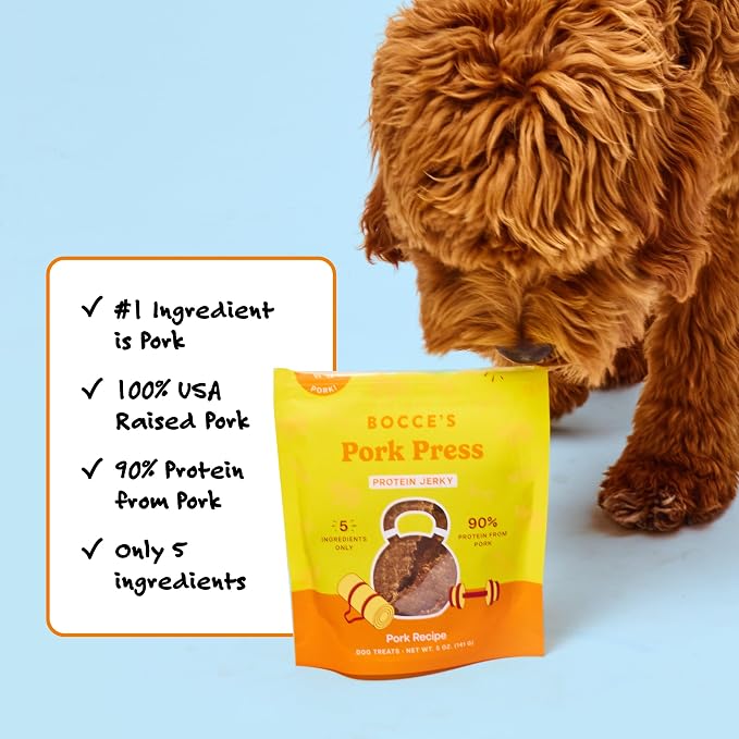 Bocce's Bakery Pork Press Protein Jerky Dog Treats, Pork (5 oz) | High-Protein, Wheat-Free, Limited-Ingredient Treats with No Added Salt or Sugar - Baked in The USA