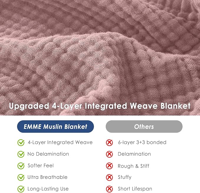 EMME Muslin Blankets for Adults Throw Blanket for Couch Breathable Gauze Soft Lightweight Airy Dusty Pink Throw XL 50" x 71"